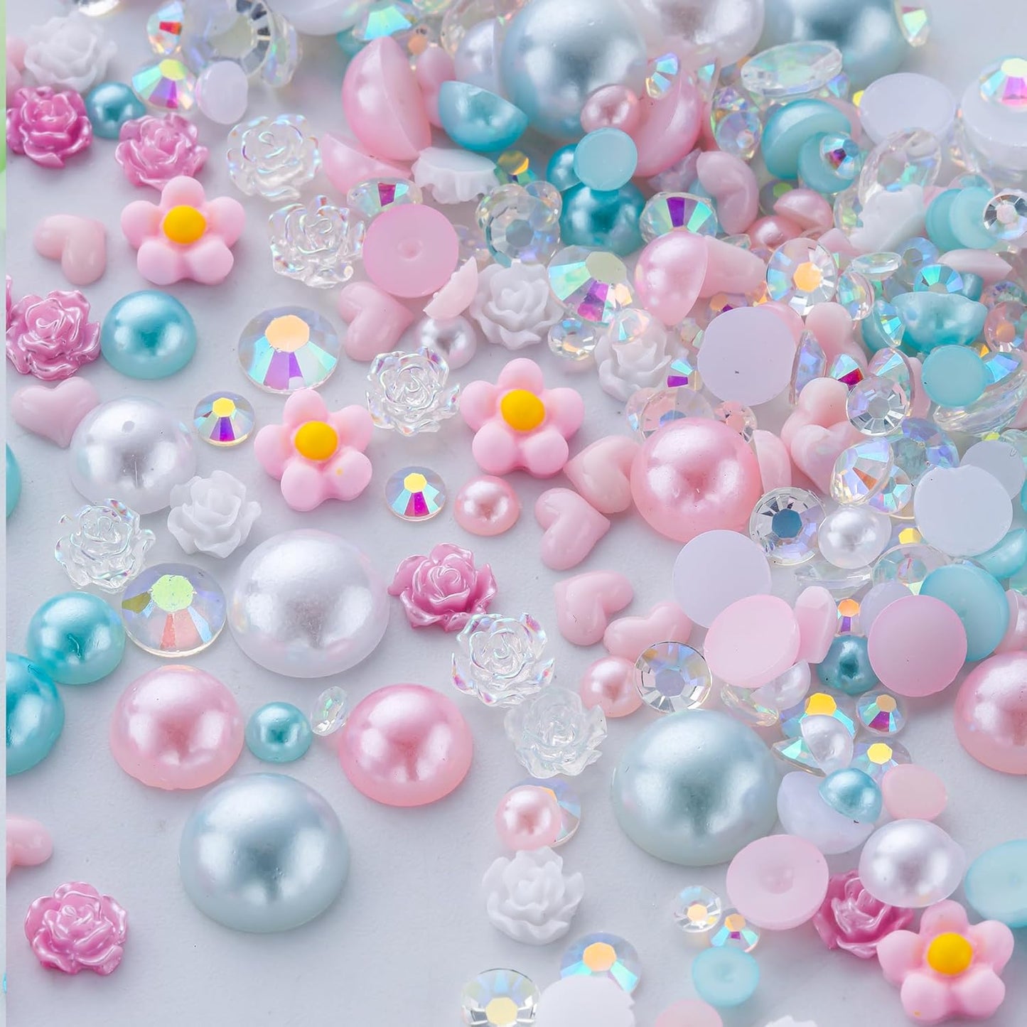 160g Cyan Pink Flat Back Pearls Rhinestones for Crafts Mixed Size 3mm-10mm AB Color Round Half Pearls Flatback Pearl Beads and Resin Rhinestones Set for Face Art