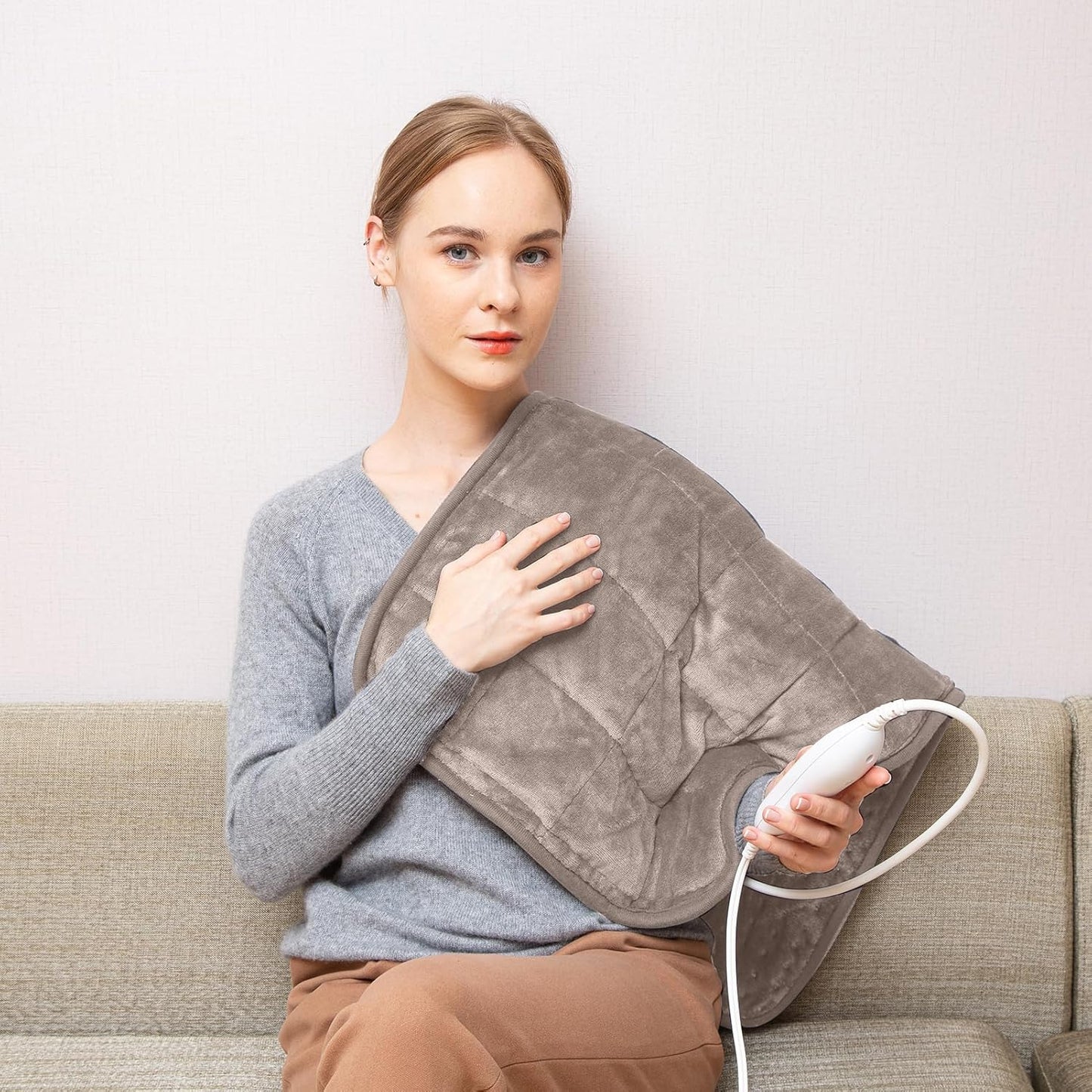 Ambershine 17''x33'' Weighted Heating Pad, 5.2lbs with 12 Temperature Settings & 4 Auto-Off Timers, Pain Relief for Back/Neck/Shoulders/Abdomen/Legs, Christmas Gifts for Mom Dad Women Men(Light Tan)