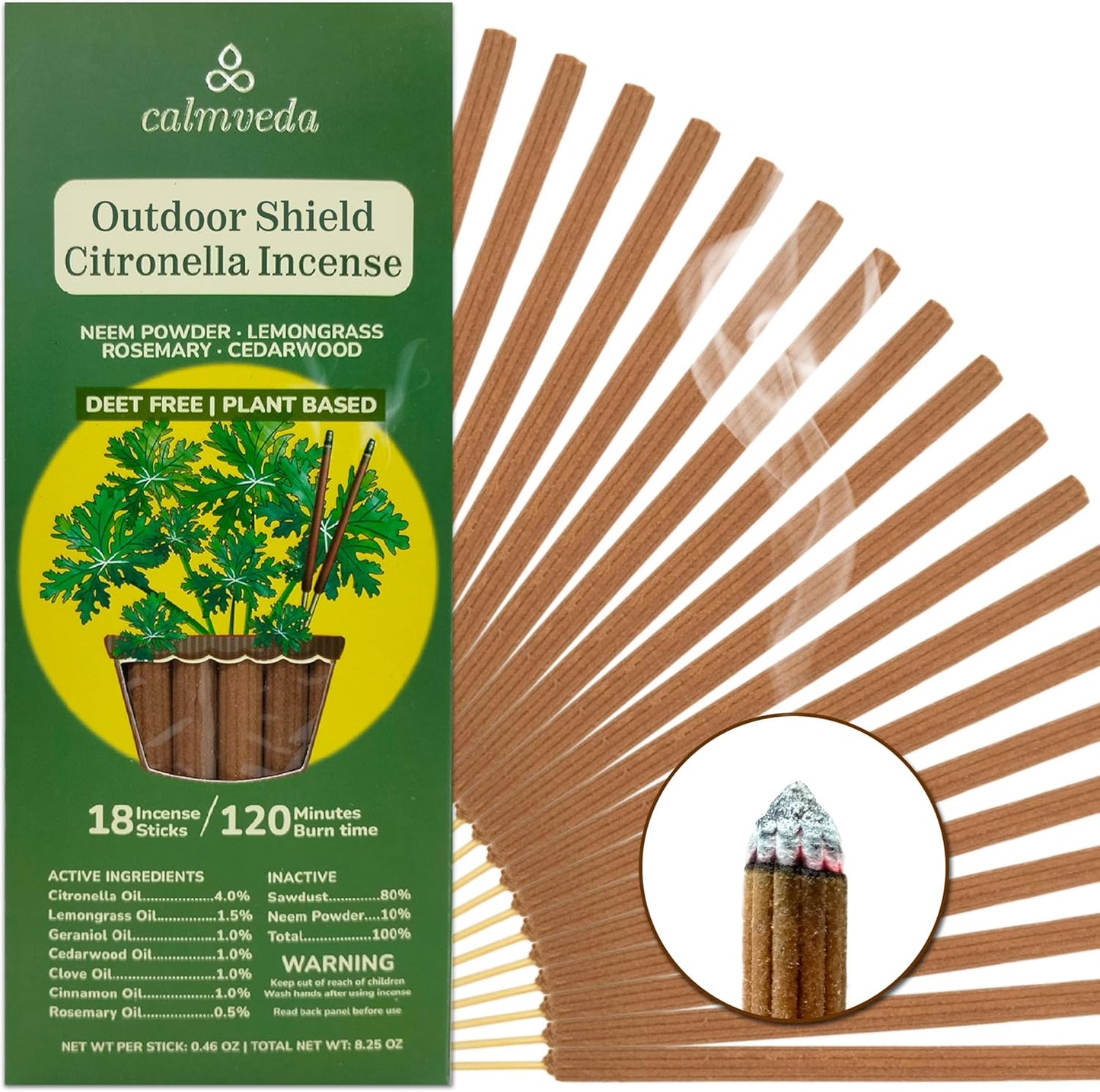 Natural Citronella Incense Sticks Outdoor - (18 Sticks, 40 hrs Protection) for Safety on Patio, Camping etc | DEET Free, Powered with Indian Neem & Essential Oils