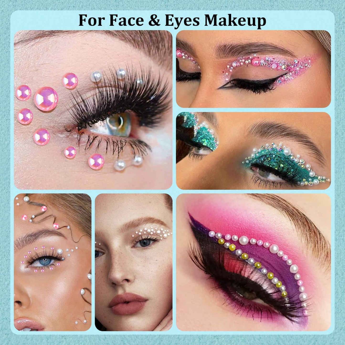 150g Flatback Pearls and Rhinestones Set 6-Pink&Light Blue, Mixed Size 3-10mm Resin Rhinestones and Half Pearls for Nail Art and Crafts and Decoration with Tweezer and Pickup Pencil