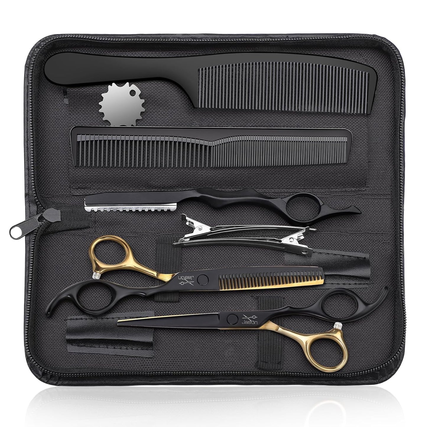 JASON Professional 10-Piece Haircut Scissors Set - 6.5" Thinning/Texturizing Scissors, Straight Shears for Men, Women & Home Salon (30 Teeth, Black & Gold)