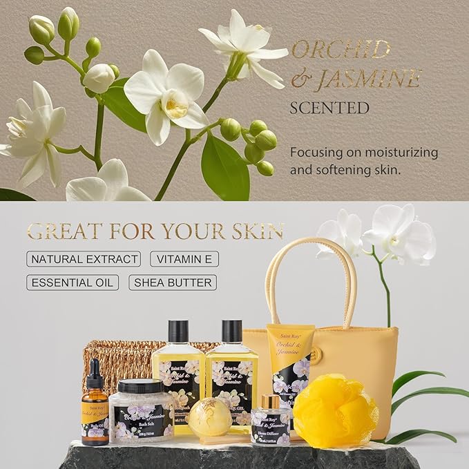 Mother's Day Gift for Mom Bath and Body Gift Basket Orchid & Jasmine Spa Gift Baskets for Women Fragrant Body Lotions, Bath Bomb, Home Spa Gift Basket Rich in Jojoba oil & Shea Butter, Bath Kit Sets