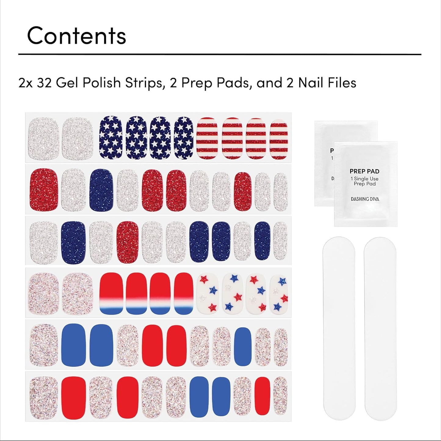 Dashing Diva Patriotic Gloss Nail Strips Bundle - Salute & Independent - UV Free, Chip Resistant, Long Lasting Gel Nail Stickers - Contains 2 Sets