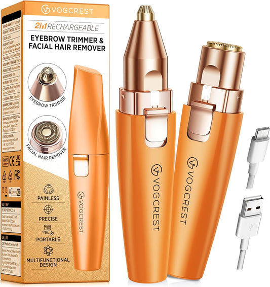 VG VOGCREST Eyebrow Facial Trimmer: 2 in1 Rechargeable Facial Hair Removal and Eyebrow Shaver - Face Lips Body Painless Facial Razor with Built-in LED Light (Orange)
