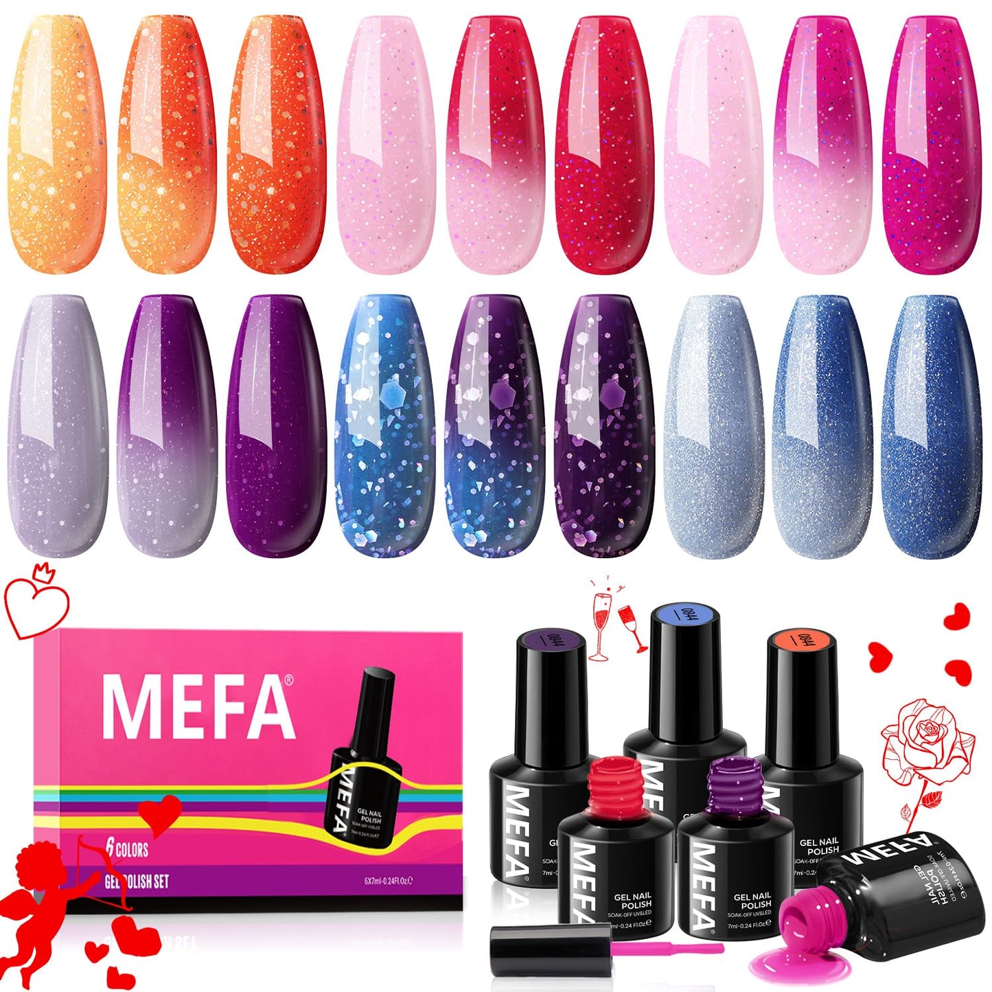 MEFA Color Changing Gel Nail Polish Set 6 Colors, Temperature Mood Changed Glitter Blue Pink Purple Red Orange Ombre Soak Off Nail Art Design Kit Manicure Home DIY Gifts for Women Girls