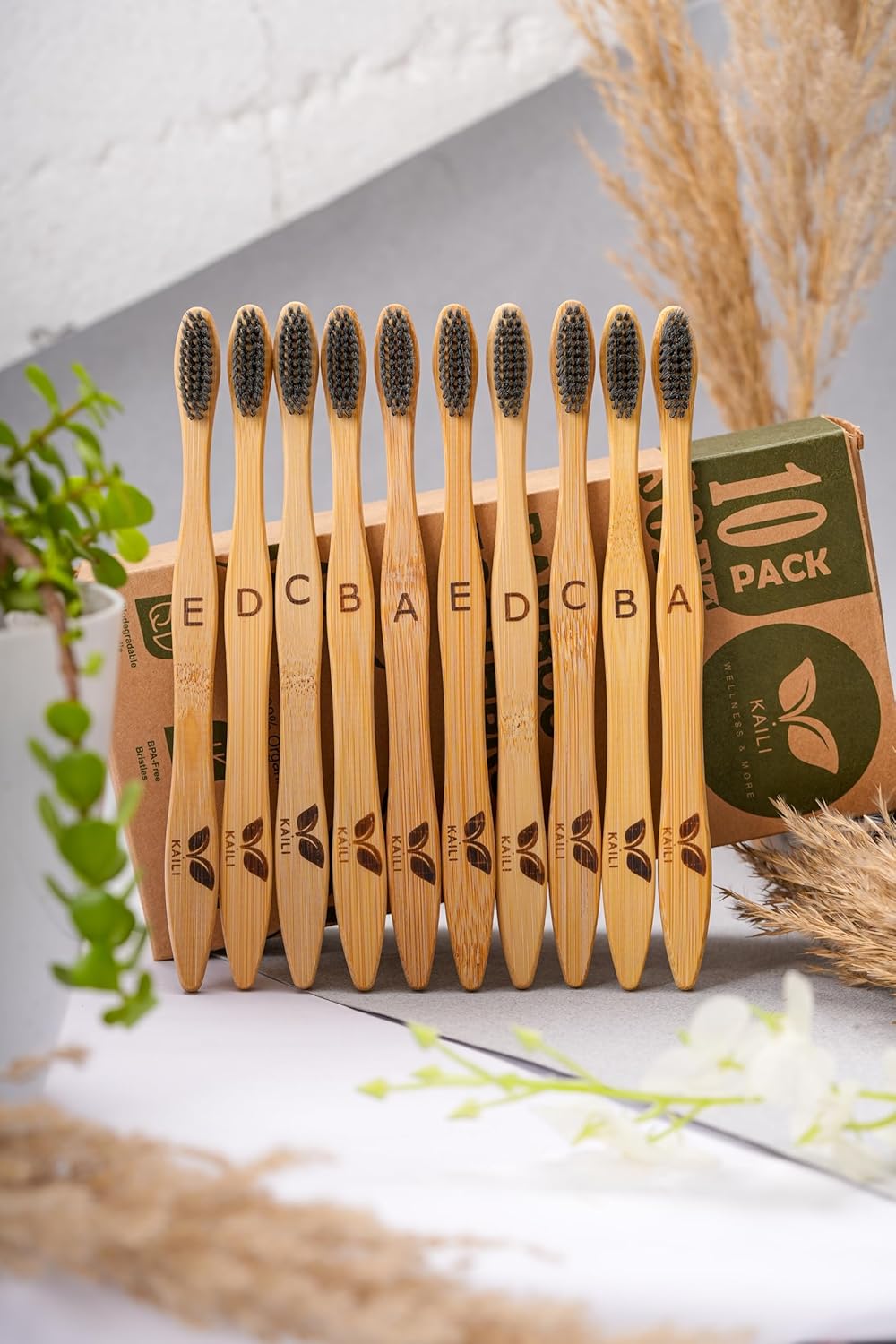 Bamboo Toothbrush 10 Pack, Soft Charcoal-Infused Bristles, Biodegradable, BPA-Free, Eco-Friendly, Sustainable, Natural, Organic and Pure Wooden Toothbrush by Kaili Wellness and More