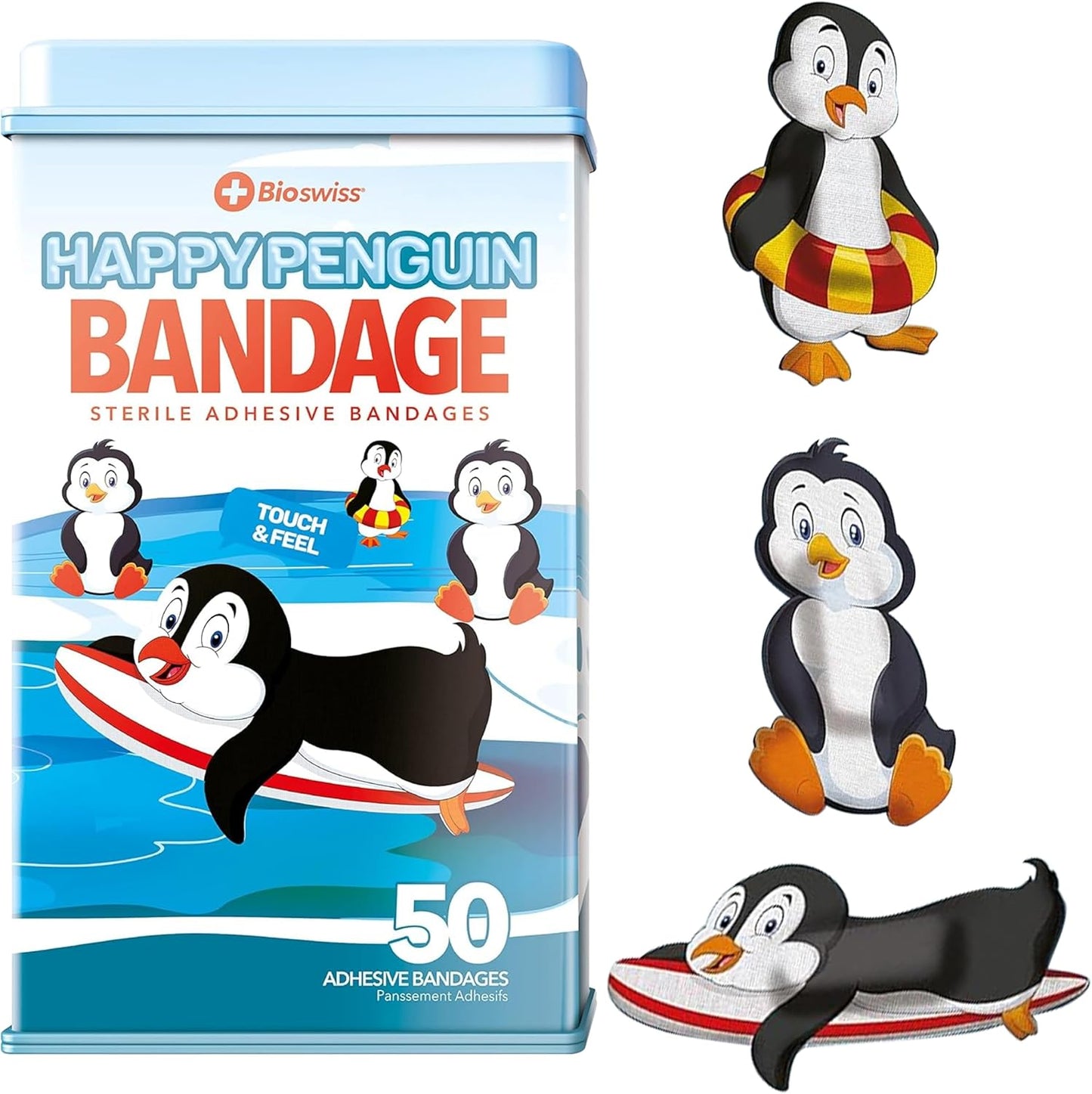 BioSwiss Kids Bandages, Penguin Shaped Self Adhesive Bandage Set, Latex Free, Sterile Wound Care, 50 Count