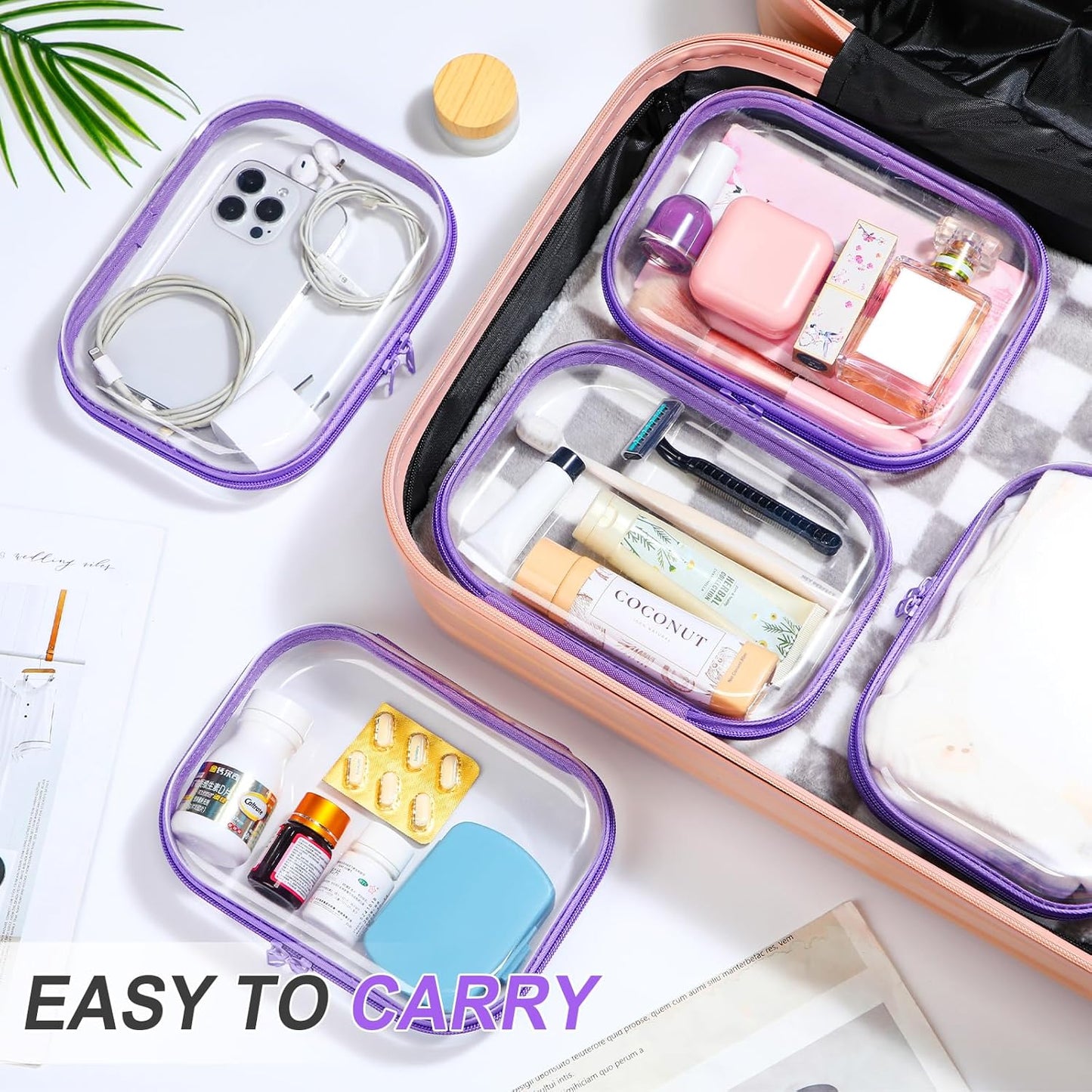 Sanwuta 6 Pcs Clear Hard Zipper Case Pencil Pouches Hard Plastic Zipper Pouches Makeup Bag Transparent Cases for Snacks Plastic Storage Organizer Box for Travel(Purple,7.87 x 5.9 x 2 Inch)