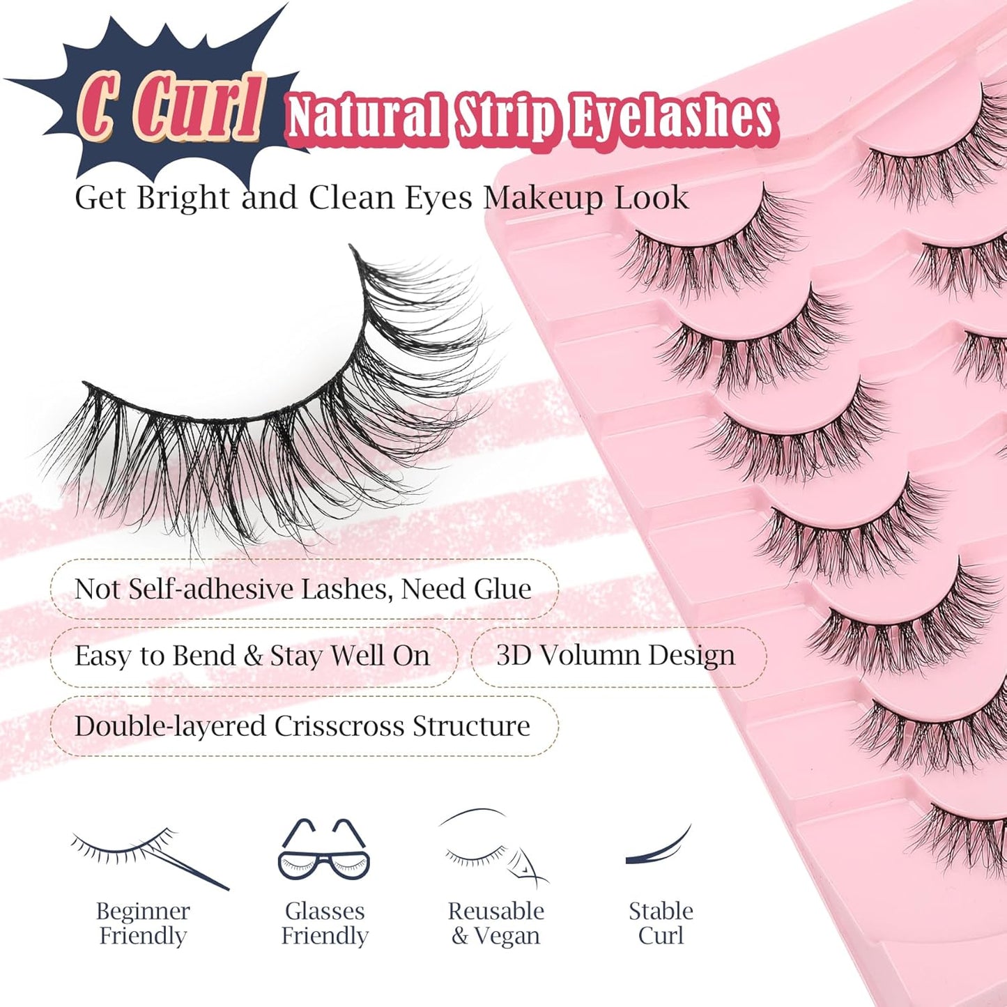 Lashes Natural Wispy Eyelashes 15mm Strip Lashes Pack False Eyelashes 0.1MM Thin Band C Curl Eye Lashes 3D Volume False Eyelashes Siligli Lashes 7 Pair