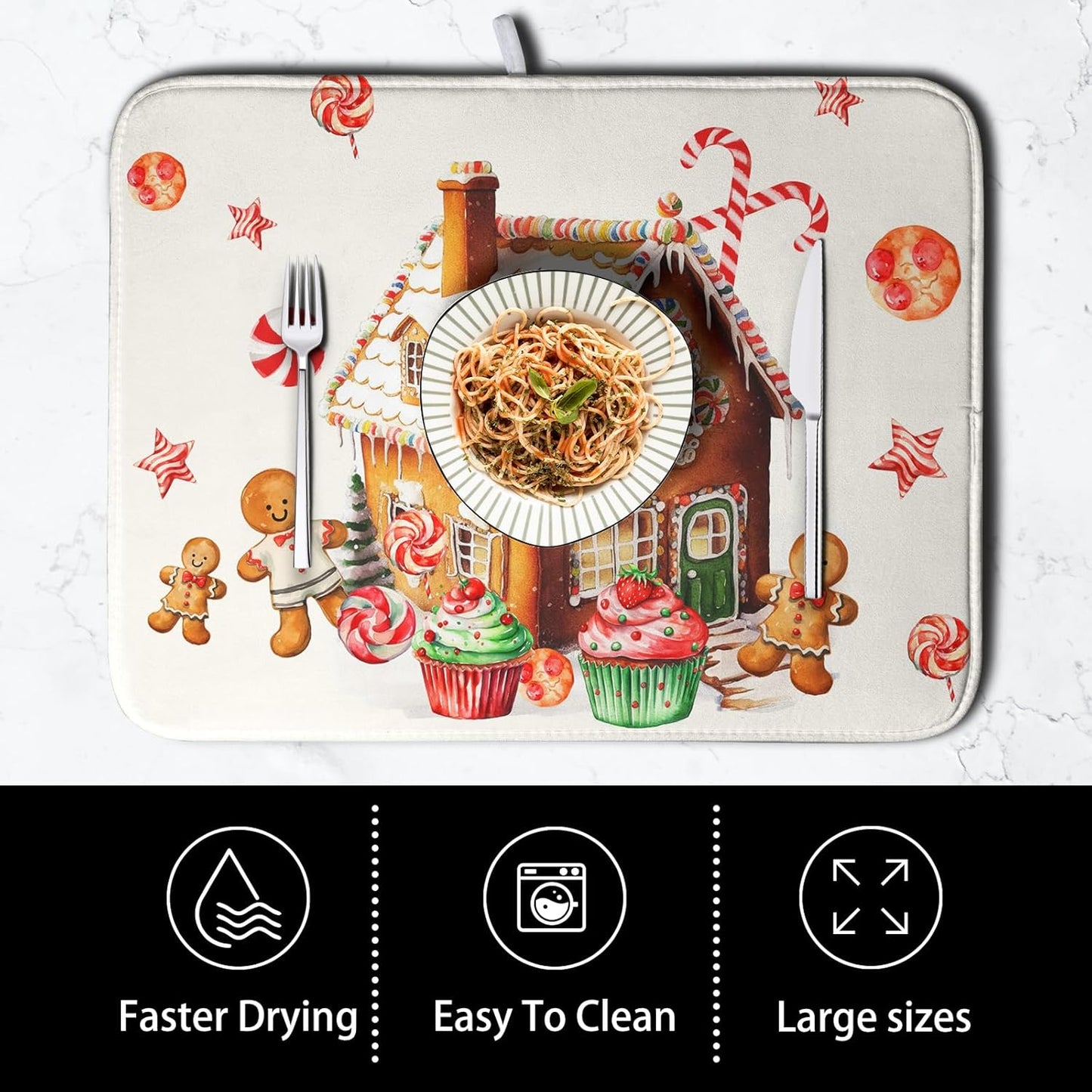 Christmas Gingerbread Man Drying Mat for Kitchen Counter Winter Cute Gingerbread House Candy Cane Cookies Dish Drying Mats Xmas Holiday Dish Drainer Mats Absorbent Reversible Drying Pad 18x24 Inch