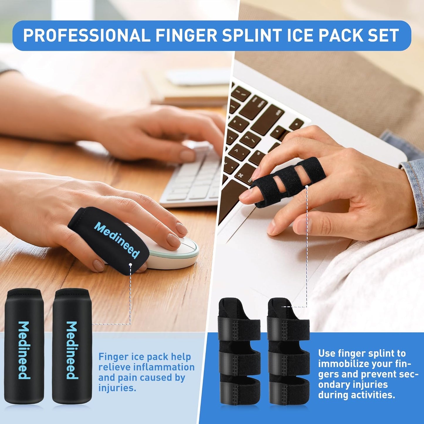 2PCS Finger Ice Pack & 2PCS Trigger Finger Splint, Thumb Splint & Sleeves Cold for Pain Relief, Reusable Compression Thumb Brace for Toe Injuries, Arthritis, Sprains (Black2+2)