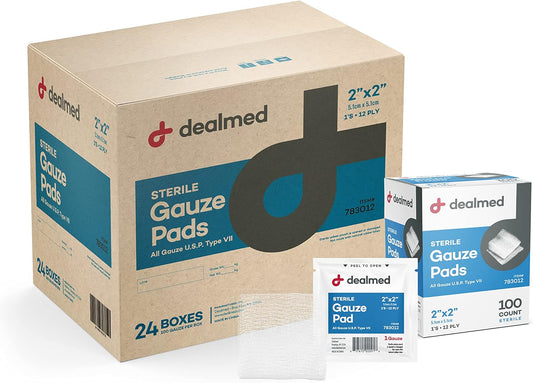 Dealmed 2’’ x 2’’ Sterile Gauze Pads (100 Count) Disposable and Individually Wrapped Medical Gauze Pads, Wound Care Product for First Aid Kit and Medical Facilities (Case of 24)