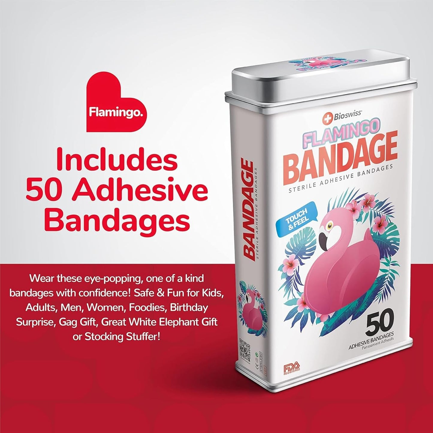 BioSwiss Kids Bandages, Flamingo Shaped Self Adhesive Bandage Set, Latex Free, Sterile Wound Care, 50 Count