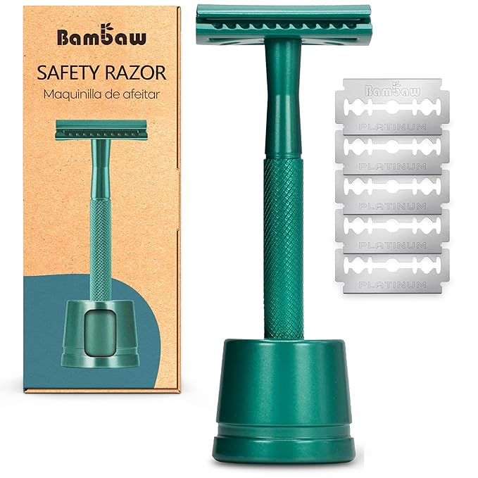 Bambaw Double Edge Close Comb Safety Razor with Stand, Shaving Razor for Men with 5 Safety Razor Blades, Reusable Eco Freindly DE Metal Razor – Sea Green