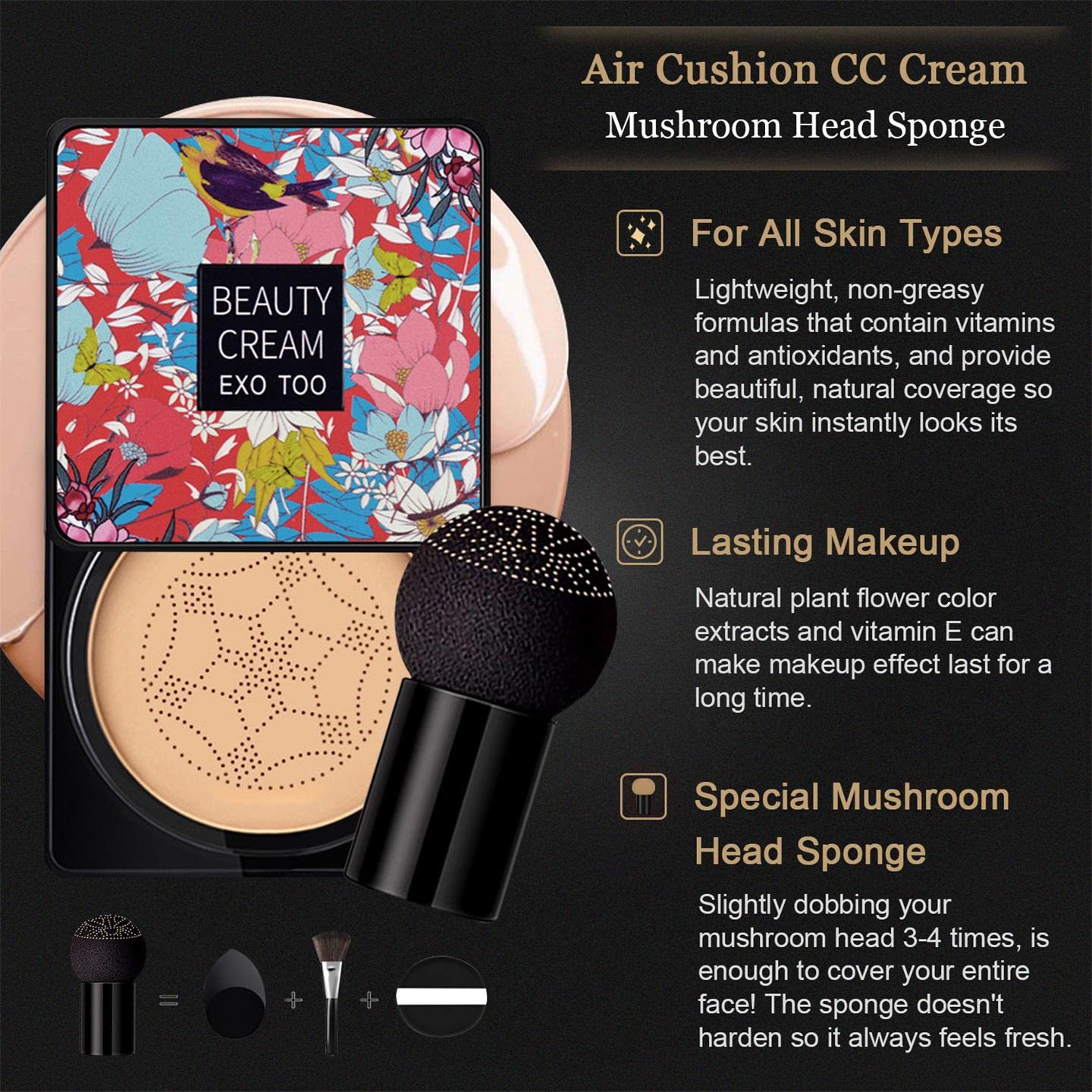 NUIBO 2PCS Air Cushion CC Cream Mushroom Head, Moisturizing Concealer Makeup Base, Primer Liquid Foundation Long Lasting with Two Mushroom Makeup Sponges 【Natural X 2】