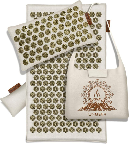 UNMERA Acupressure Mat and Pillow Set/Flower Spikes-Volcanic Stone Heating Back/Neck Pain Relief,Spa-Like Relaxation, Eco Linen, Includes Bag