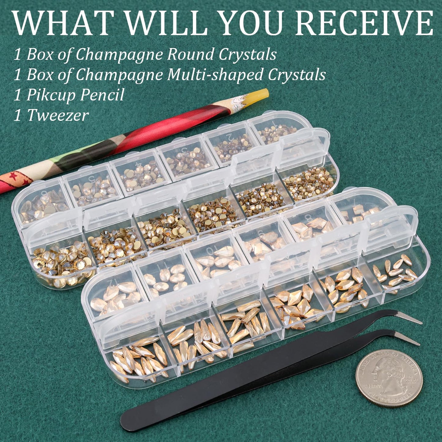 Multi Shapes Champagne 3D Glass Crystal Nail Art Rhinestones Kit with Flatback Round Bead Charm Gem Stone Jewelry Diamond with Pickup Pen + Tweezer for Manicure Makeup DIY Craft Decoration