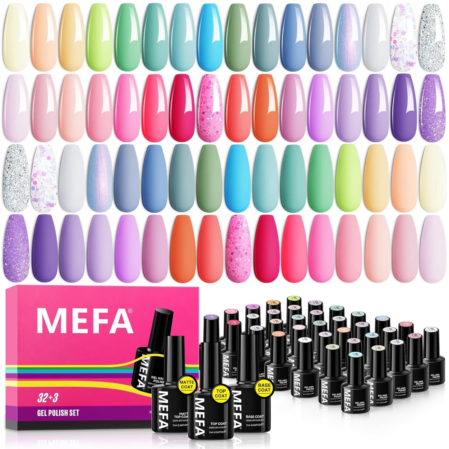 MEFA 35 Pcs Pastel Gel Nail Polish Set, 32 Colors Spring Collection Gel Nail Polish Kit Macaron Pink Green Nail Art Manicure DIY Home Decoration Beginners Gifts for Women Girls