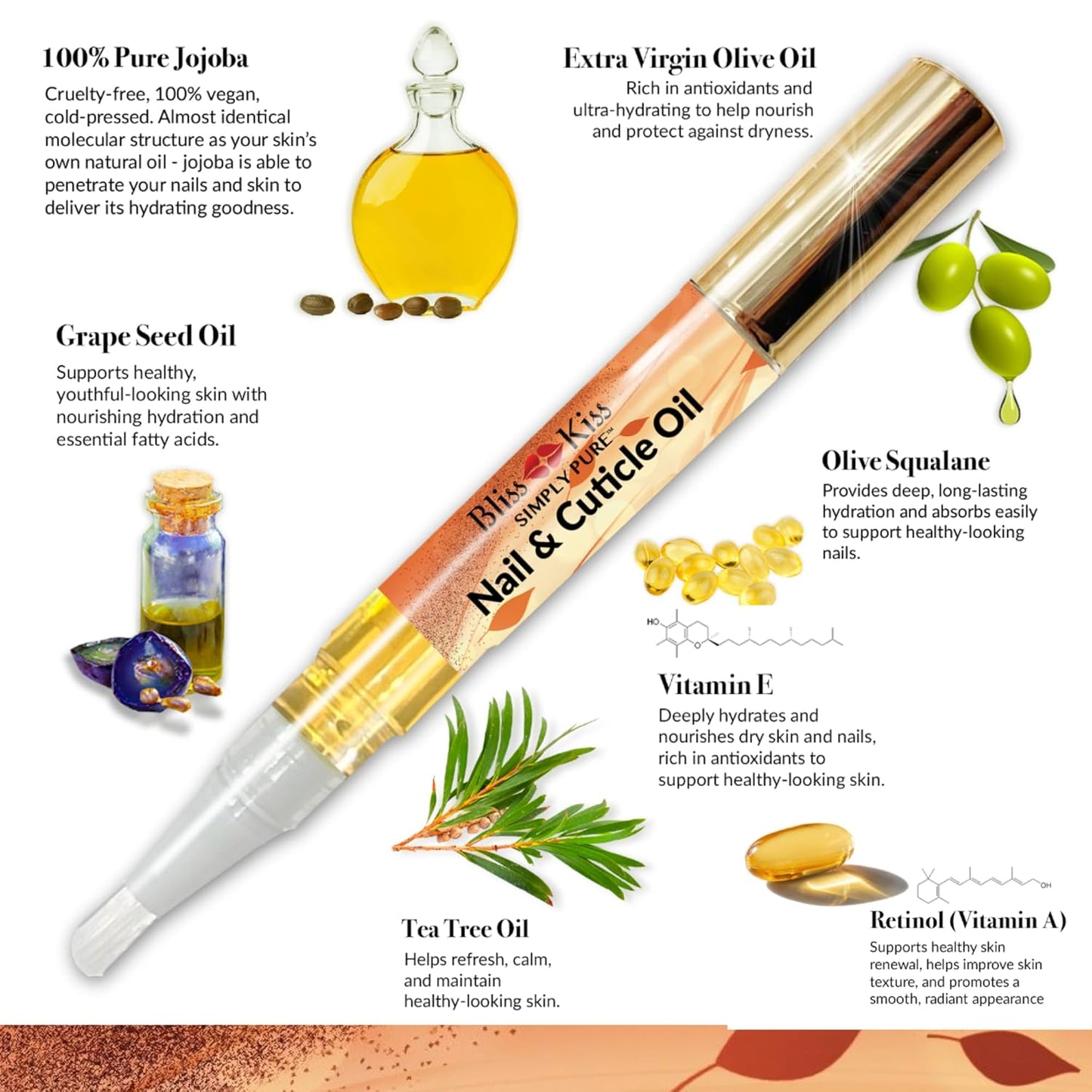 Bliss Kiss | 4 Pumpkin Spice Latte Scent Nail | Oil Cuticle Pen w/Vitamin E & Jojoba⏤Nail Strengthener Nail Growth Serum for Brittle Peeling Breaking Thin Nails