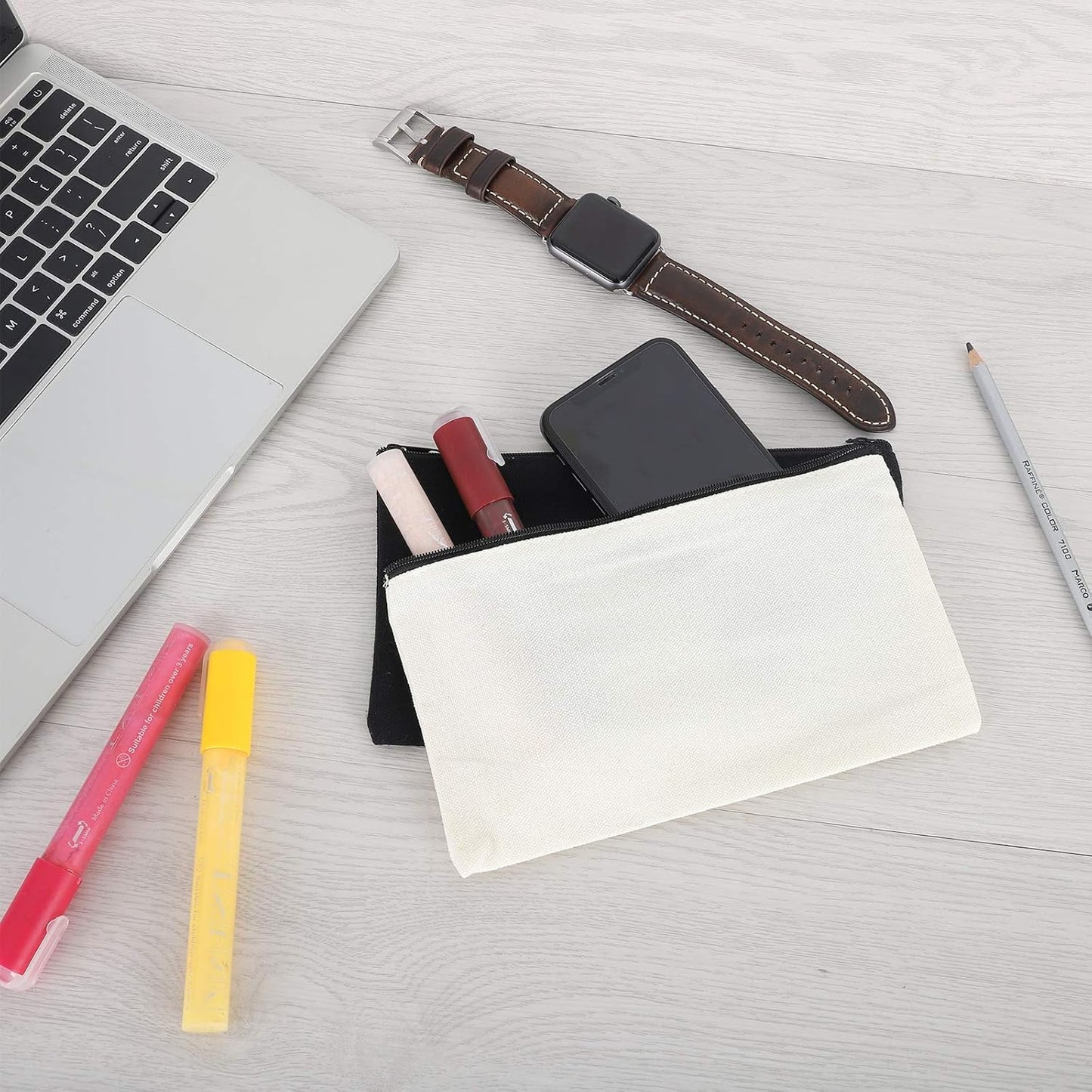 12 Pieces Black Cotton Canvas Makeup Bag, Multipurpose Cosmetic Bag with Zipper Travel Toiletry Pouch, Blank DIY Craft Bag (Black, M)