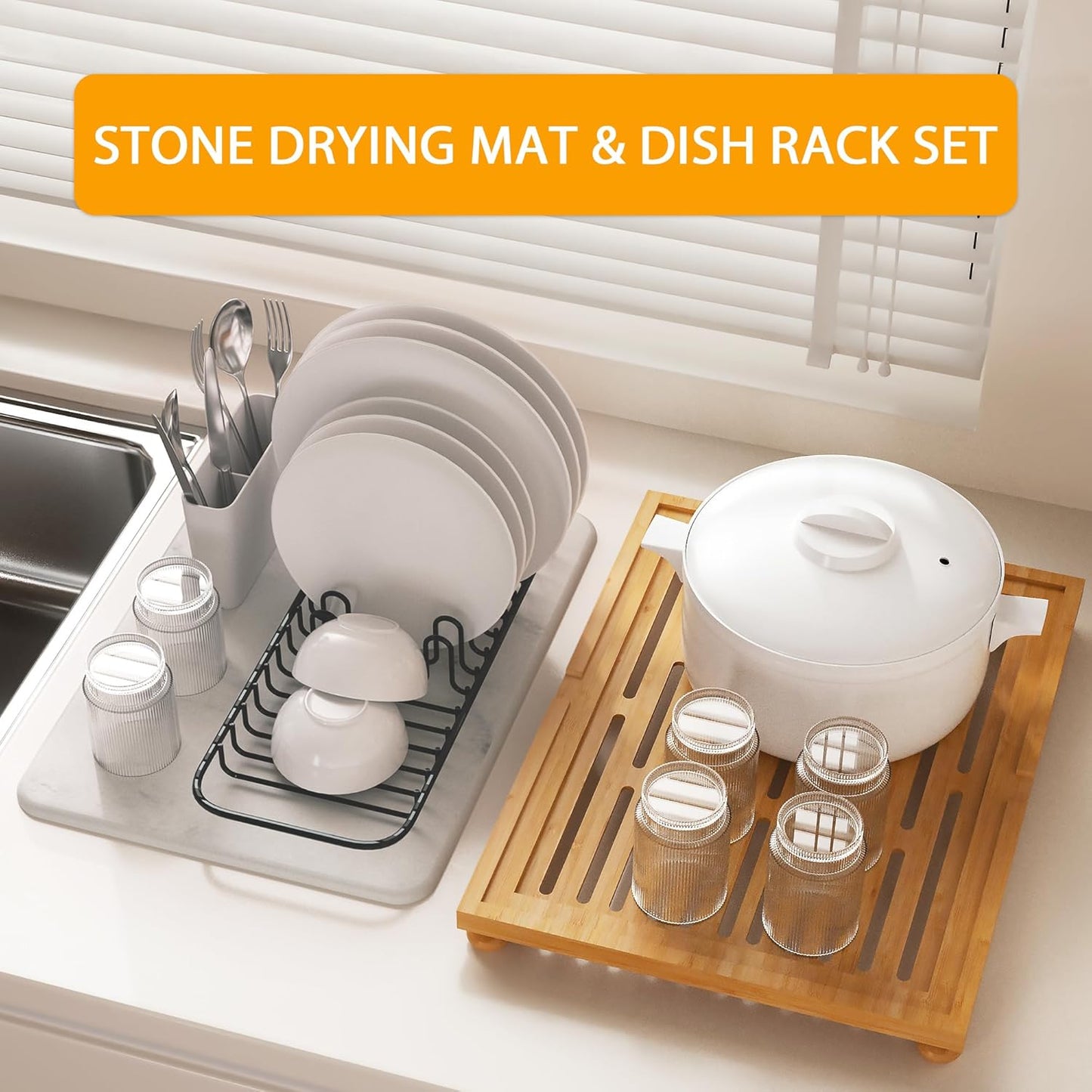 Golener Stone Drying Mat for Kitchen Counter, Dish Drying Pad with Bamboo Rack, Super Absorbent Diatomaceous Earth and Drying Rack, Multi-purpose Quick Drying Mat Rack for Kitchen,16”x12”,Marble White