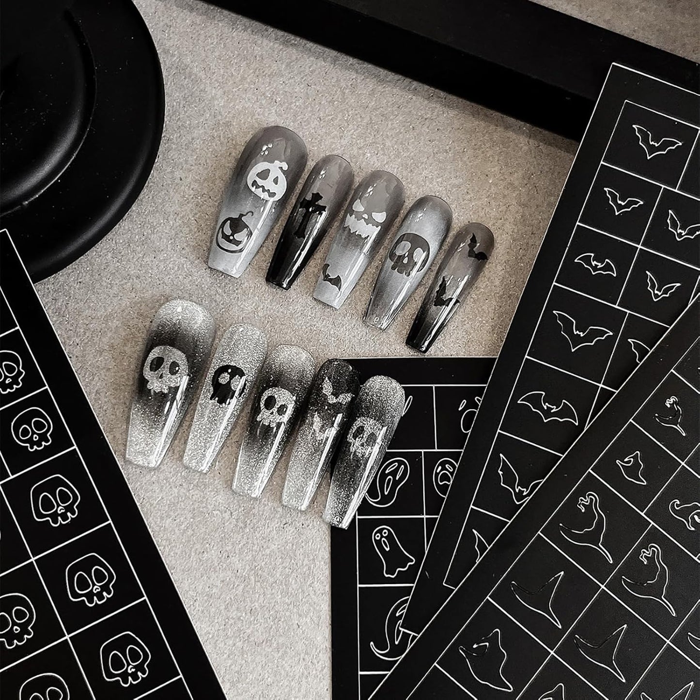 Halloween Airbrush Stencils Nail Sticker, Skull Ghost Bat Nail Art Stickers Nail Stencils Decals, Holiday Design Hollow Nail Guides Decal for Women Decoration DIY Tools 6Pcs