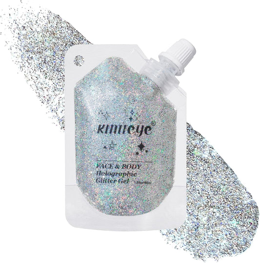 Holographic Face Glitter Gel Body Shimmer Makeup for for Hair, Face, Clavicle, Arm, Nail, Eyeshadow, Long Lasting Waterproof Mermaid Sequins Party Glitter for Rave Festival, 1.35oz (Laser Silver #5)