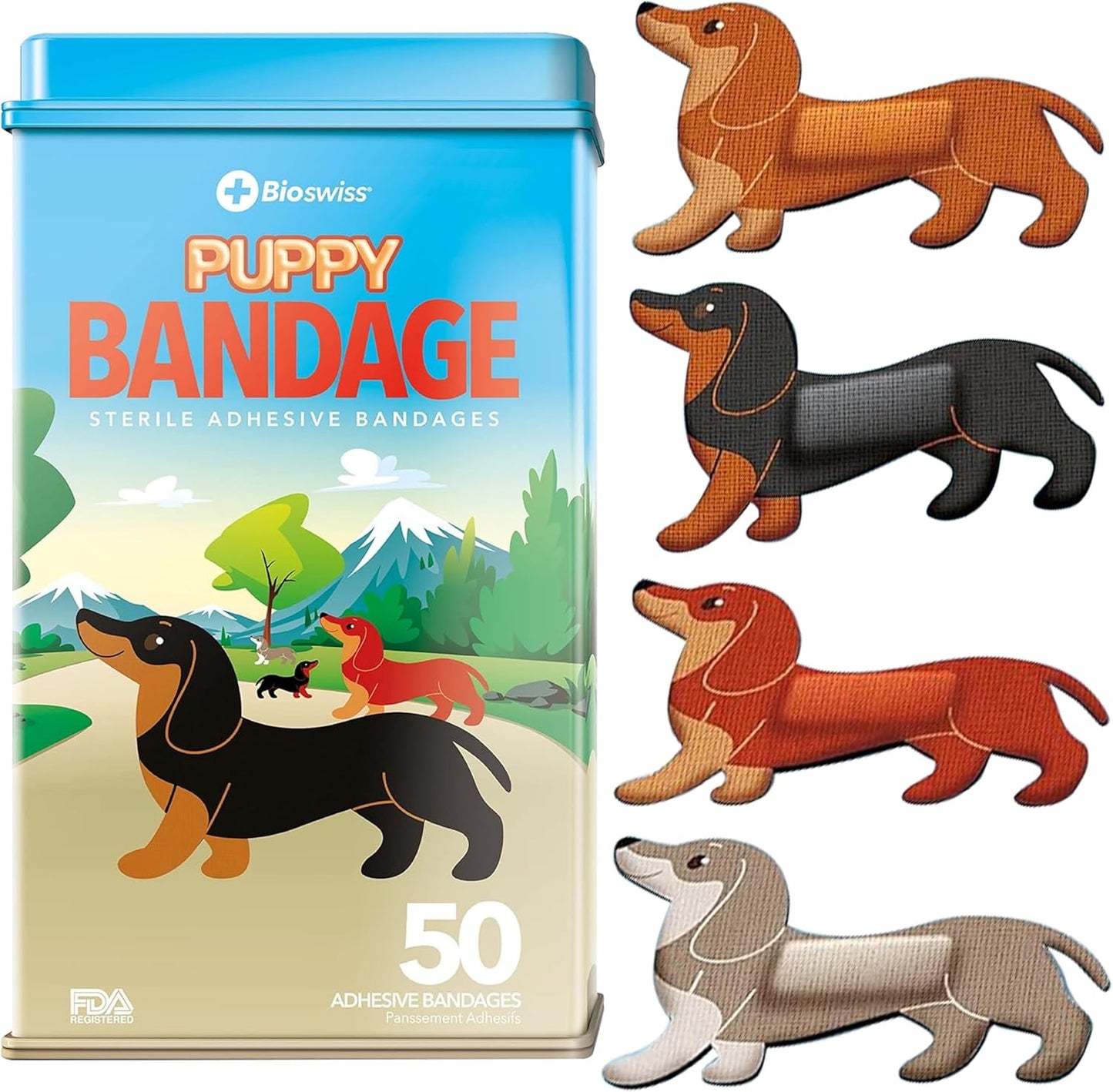 BioSwiss Kids Bandages, Puppy Shaped Self Adhesive Bandage Set, Latex Free, Sterile Wound Care, 50 Count
