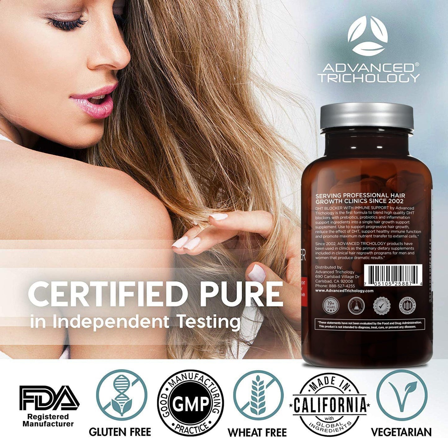 Advanced Trichology DHT Blocker - Hair Growth Supplement for Genetic Thinning for Men and Women | Approved* by American Hair Loss Association - 120 Count (Pack of 1)