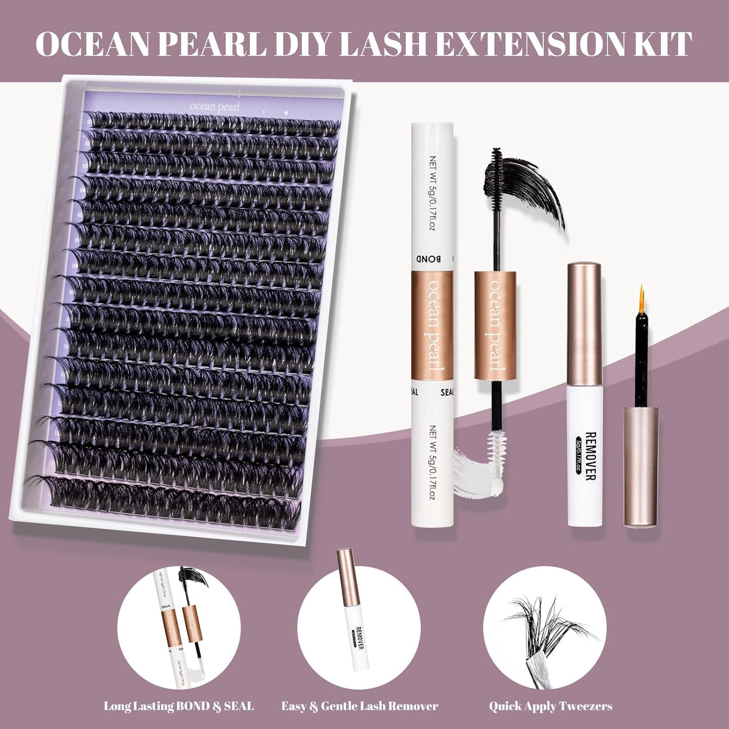 Ocean Pearl Lash Clusters 10-20mm Thick 300D Volume Eyelashes Clusters Lashes 300PCS Lash Extension Kit Eyelash Extension Kit Individual Lashes DIY Lash with Lash Bond+Seal+Remover+Tweezer-300D