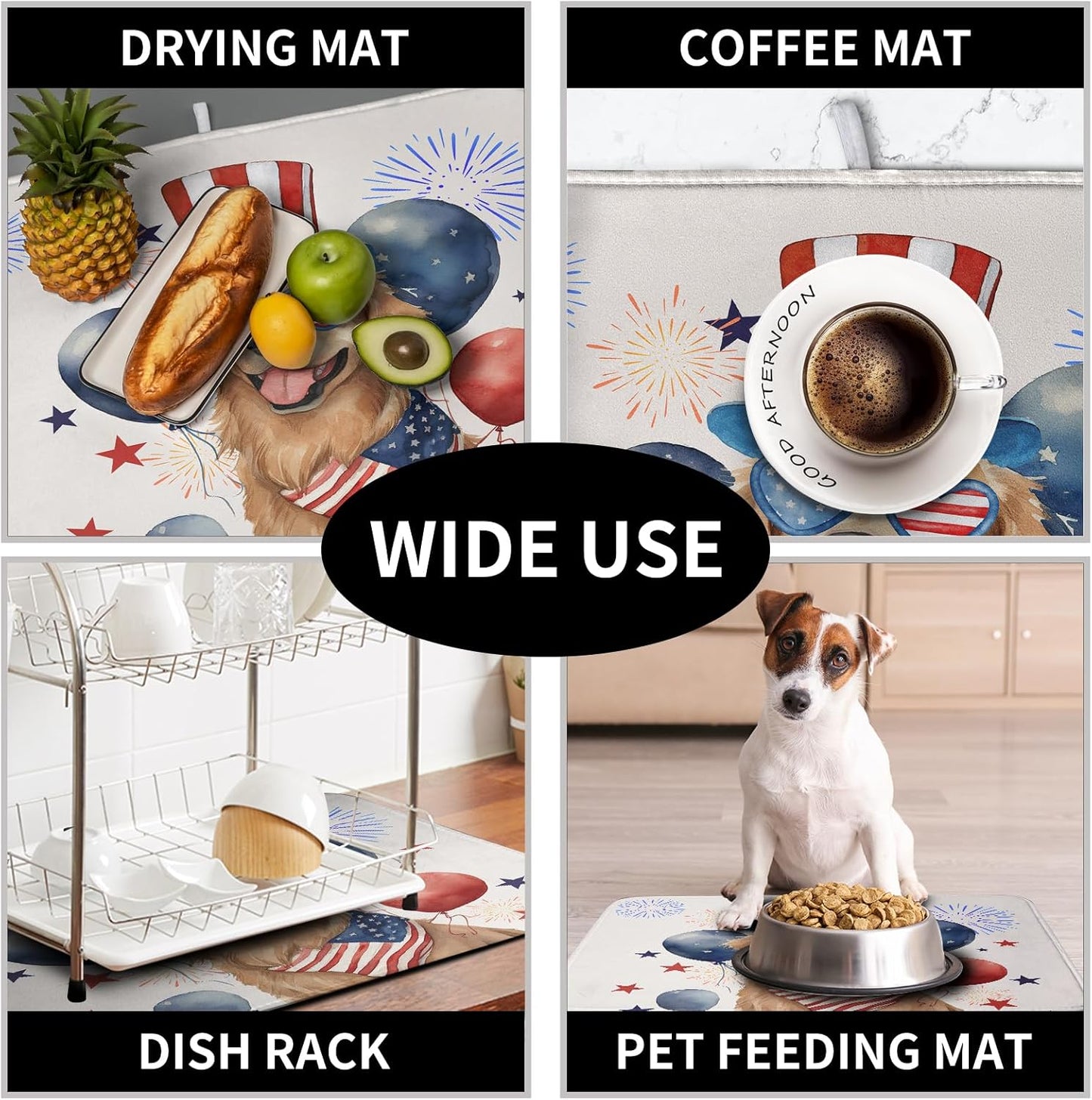 4th of July Patriotic Dog Dish Drying Mat 18 x 24 Inch US Independence Day Blue White Red Kitchen Drying Mat Firework Holiday Dish Drainer Mats Super Absorbent Dish Rack Pad for Kitchen Counter