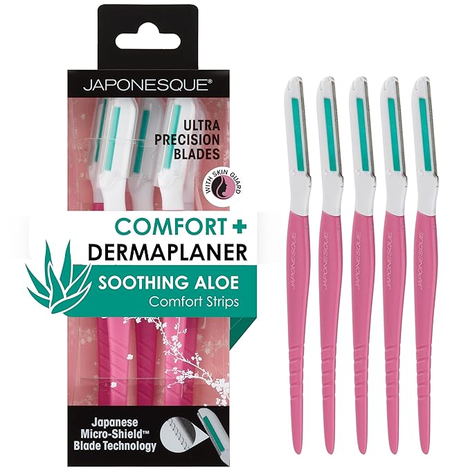 Japonesque Dermaplaner with Soothing Aloe Comfort Strip - Facial Dermaplane Razor, Skin Tool with Ultra Precision Blade for Facial Hair Removal and Exfoliation, 5pk