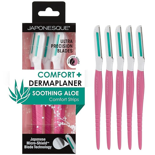 Japonesque Dermaplaner with Soothing Aloe Comfort Strip - Facial Dermaplane Razor, Skin Tool with Ultra Precision Blade for Facial Hair Removal and Exfoliation, 5pk