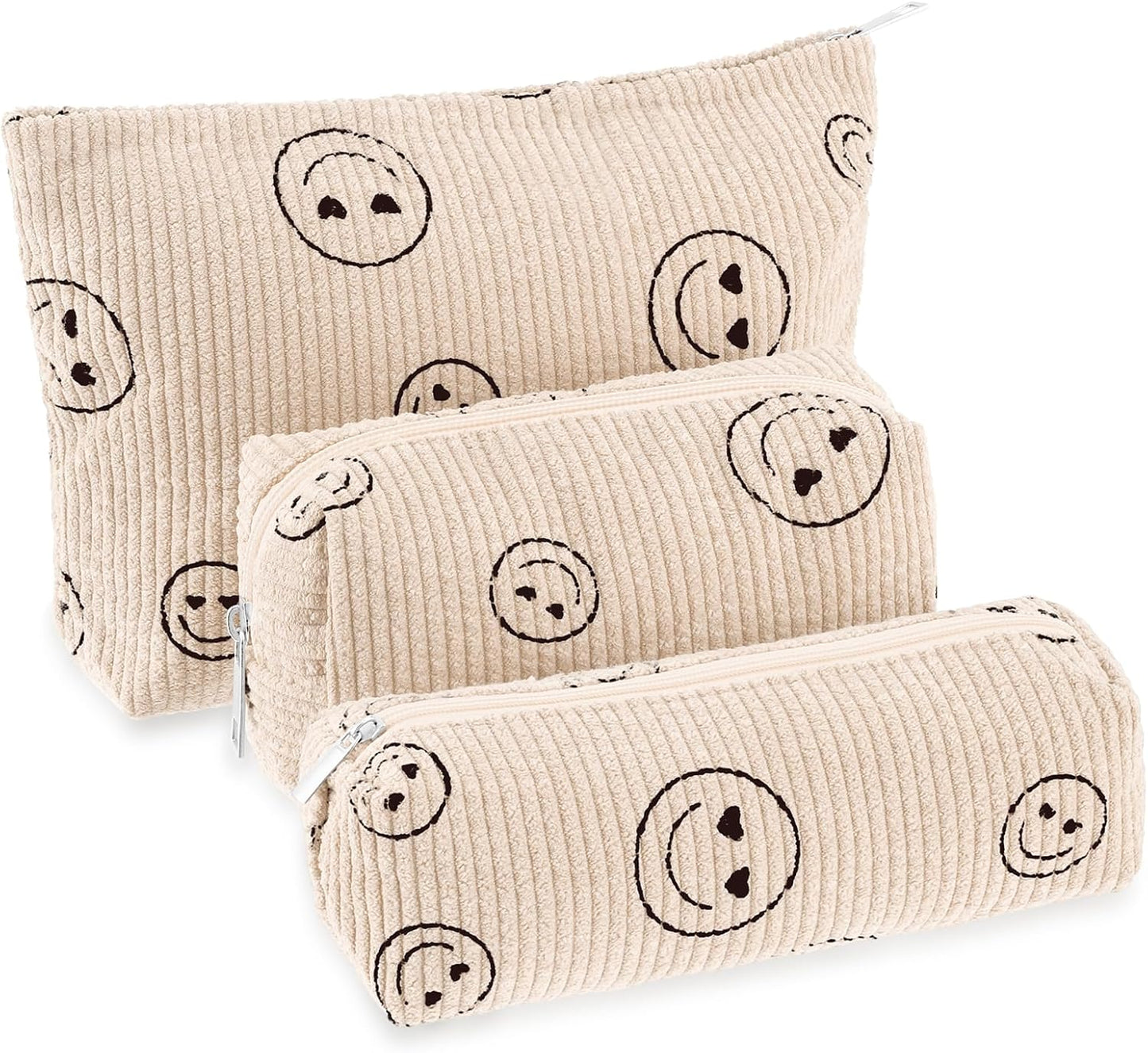 3 Pcs Makeup Bag Set for Women Corduroy Cosmetic Pouch Aesthetic Smile Travel Toiletry Bag Cute Purse Pouch Pencil Case Makeup Brushes Storage Organizer for Christmas(Beige,Smile Face)
