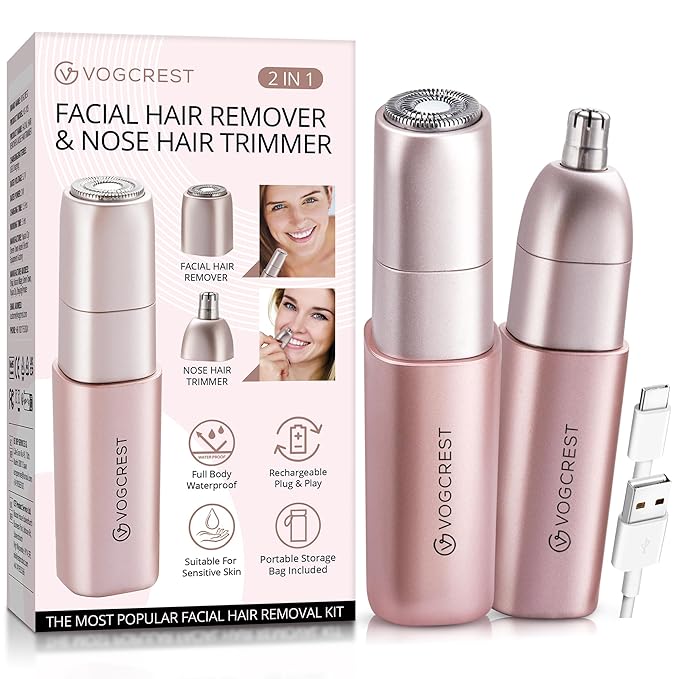 Facial - Nose Hair Remover Women: 2 in 1 Painless Electric Face Shaver and Nose Trimmer - Rechargeable Hair Removal Tool for Face Nose Ear Peach Fuzz Lips Chin