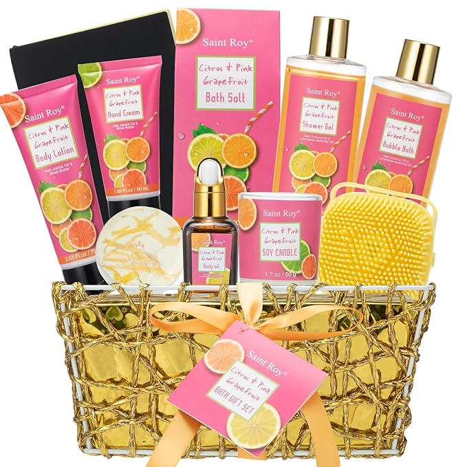Bath & Body Gift Set, Luxury Home Spa Bath Gift Basket Citrus & Pink Grapefruit Spa Kit Gift Woman, 11 Pcs Self Care Kit Gifts With Bubble Bath, Massage Oil, Bath Brush, Birthday Gifts for Women