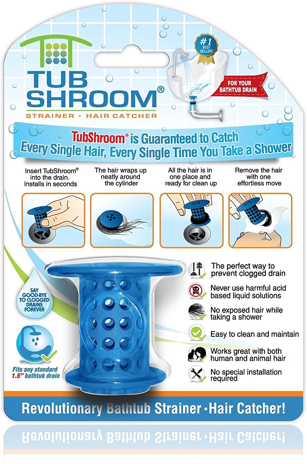 TubShroom Tub Drain Hair Catcher Strainer, Blue – Drain Protector and Hair Catcher for Bathroom Drains, Fits 1.5” – 1.75” Bathtub and Shower Tub Drains