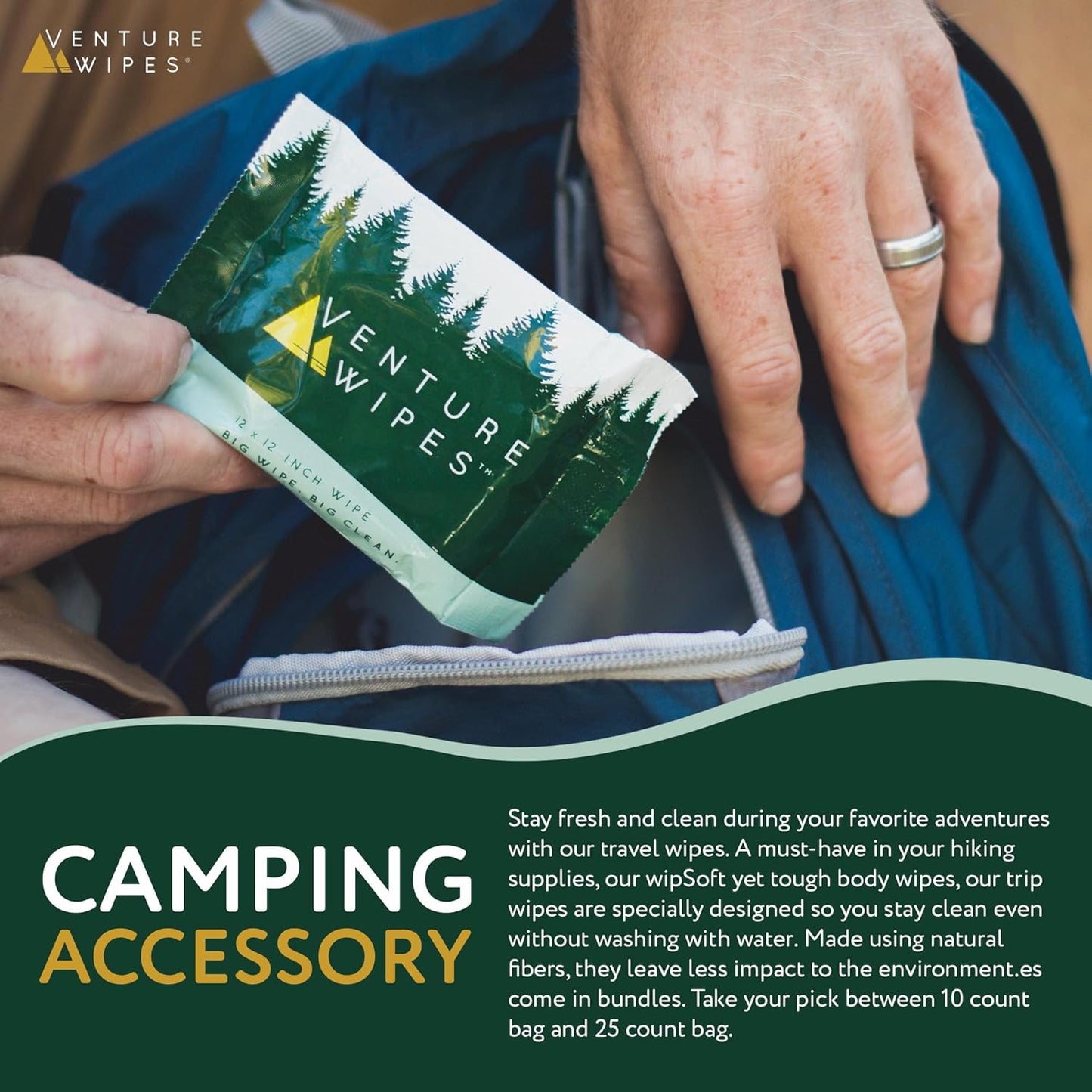 Venture Wipes Tea Tree Oil Body Wipes - Adventure Wipes for Adults - Biodegradable Cleansing With Aloe and Vitamin E - Camping Essentials - Individually Wrapped - 10 Count Bag