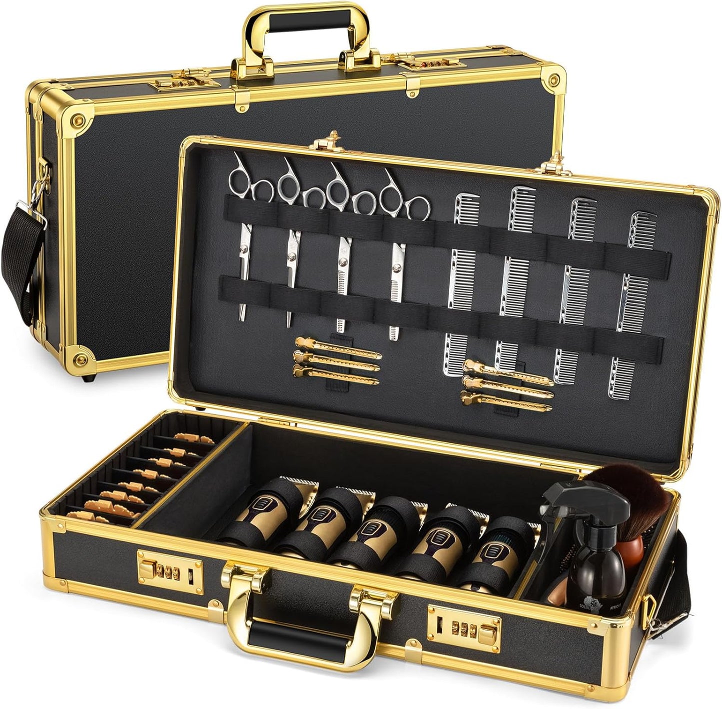 Noverlife Upgraded Large Barber Travel Briefcase, 22x11x5in Portable Barber Carrying Suitcase Salon Case with Code Lock, Gold Barbershop Travel Case Hairdresser Tool Storage Organizer Box for Clipper