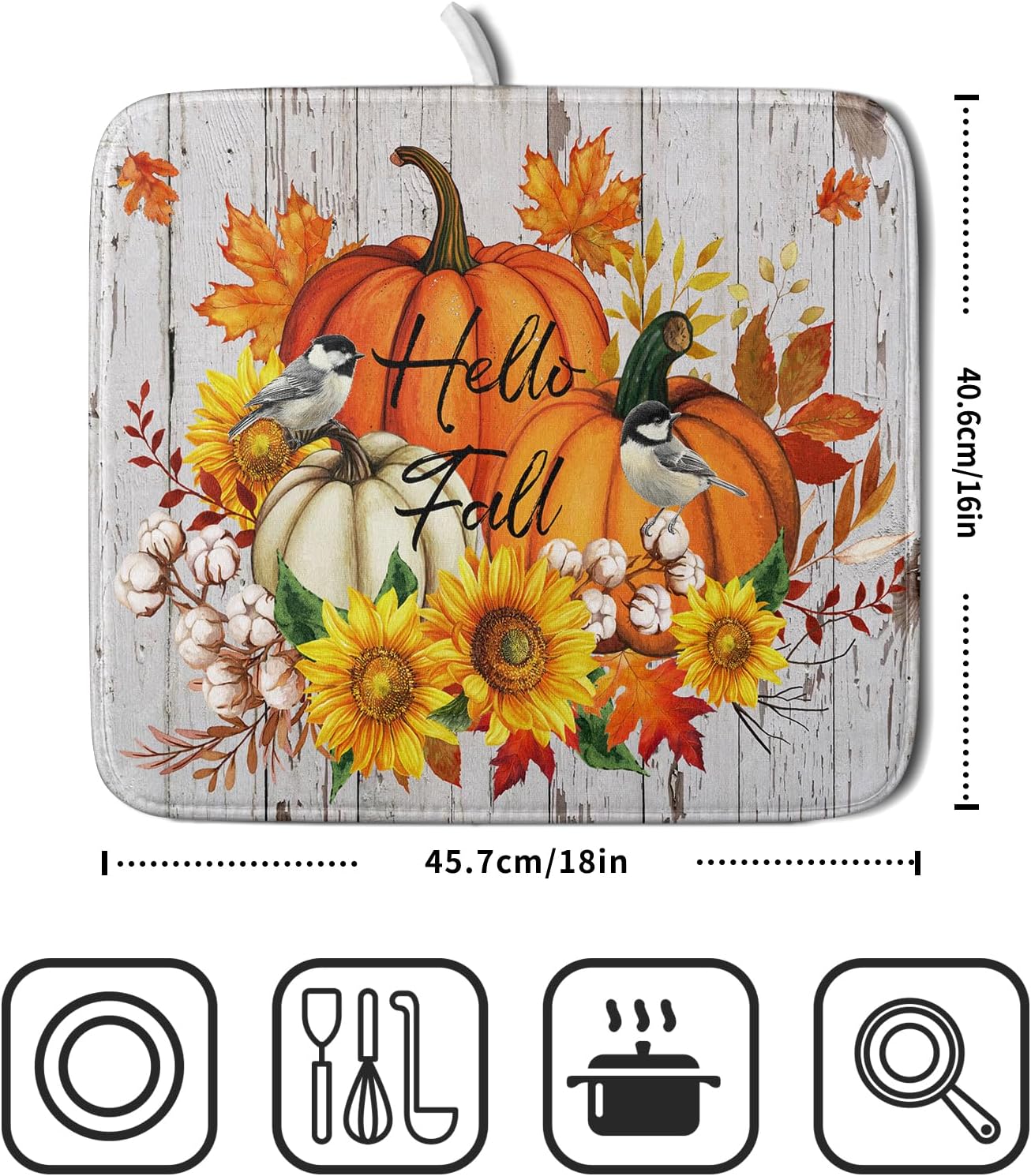 Hello Fall Dish Drying Mat for Kitchen Counter 16x18 Inch Orange Pumpkin Absorbent Drying Pad with Hanging Loop Autumn Home Decoration