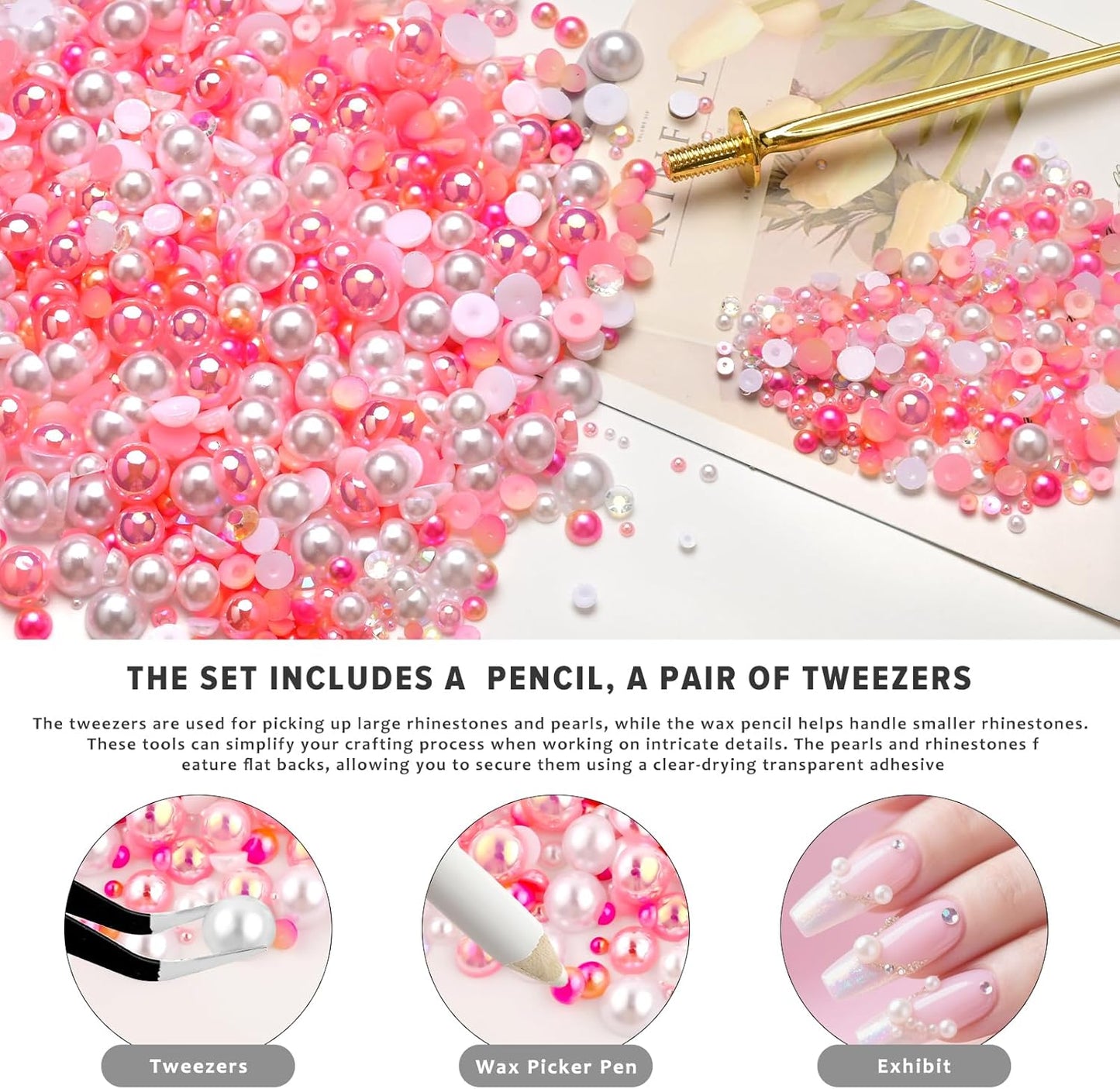 80g Mix Flatback Pearls and Rhinestones for Crafts Pink White Mixed Size 2mm-10mm Half Round Pearls Rhinestones for Nail Art Tumblers Shoes DIY Bedazzling with Tweezers Wax Pen