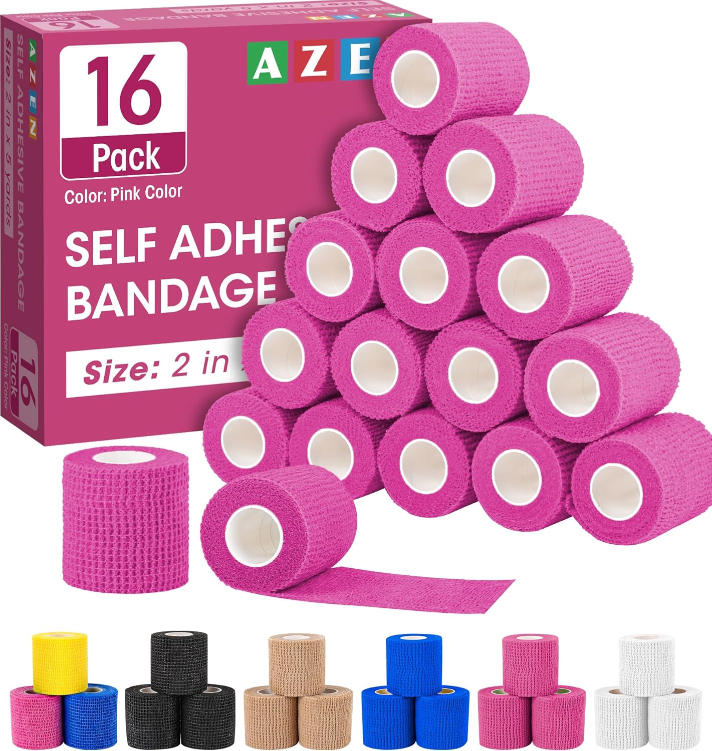 AZEN 16 Pack Self Adhesive Bandage Wrap Pink, 2" X 5 Yards Elastic Cohesive Bandage Wrap, Athletic Tape, Vet Wrap, Ankle Tape, Tattoo Grip Tape Wrap (Pink)