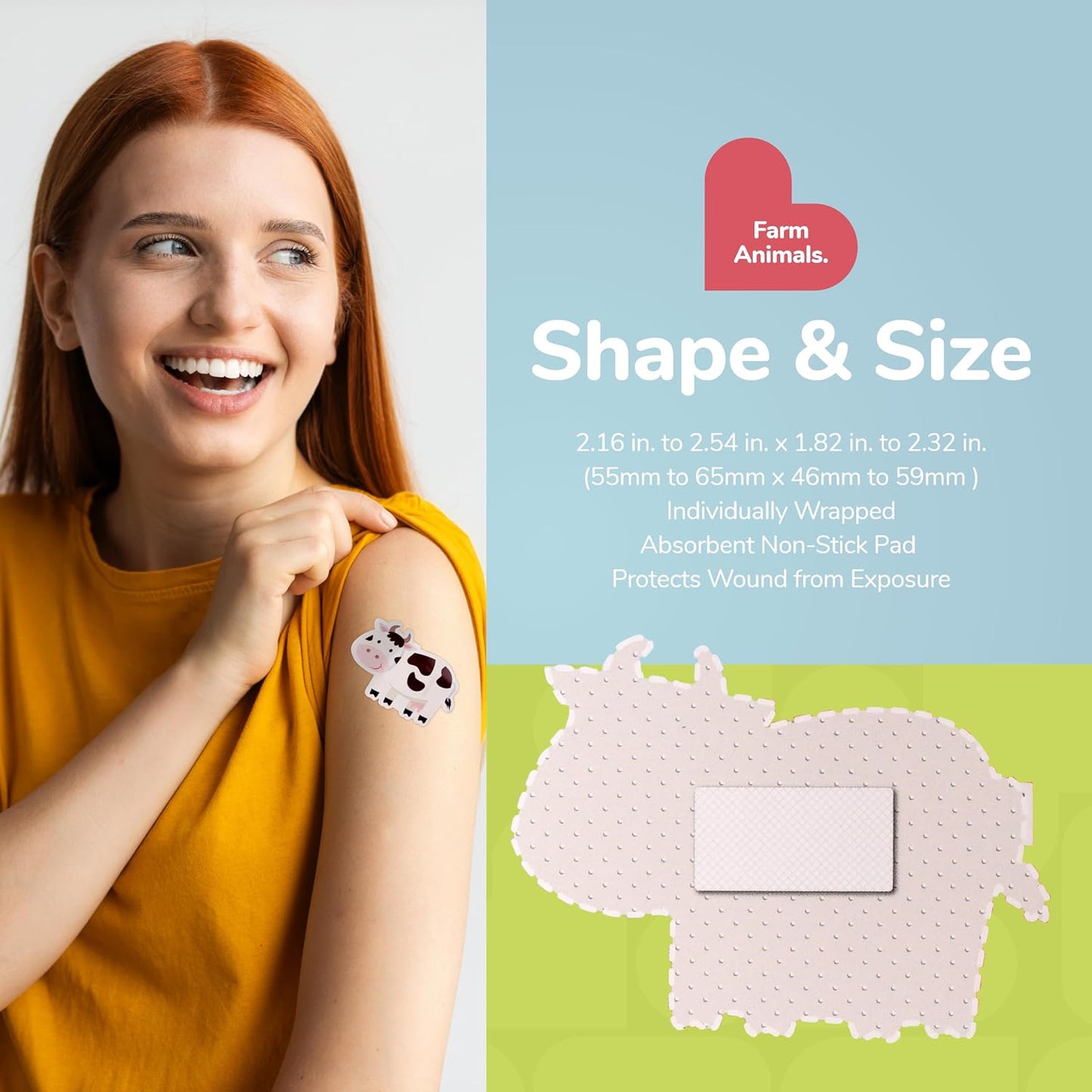 BioSwiss Kids Bandages, Farm Animal Shaped Self Adhesive Bandage Set, Latex Free, Sterile Wound Care, 50 Count