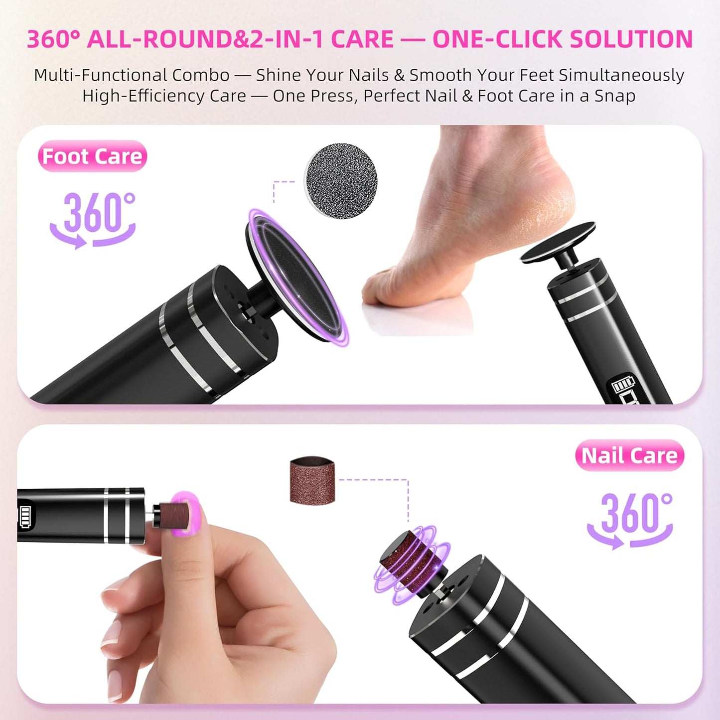 2 in 1 Electric Foot Callus Remover,9 Adjustable Speeds Rechargeable Electric Dead Skin Sander Pedicure Tools with Sandpaper Disk and Nail Drill Bits,Grinding Heads for Women&Men