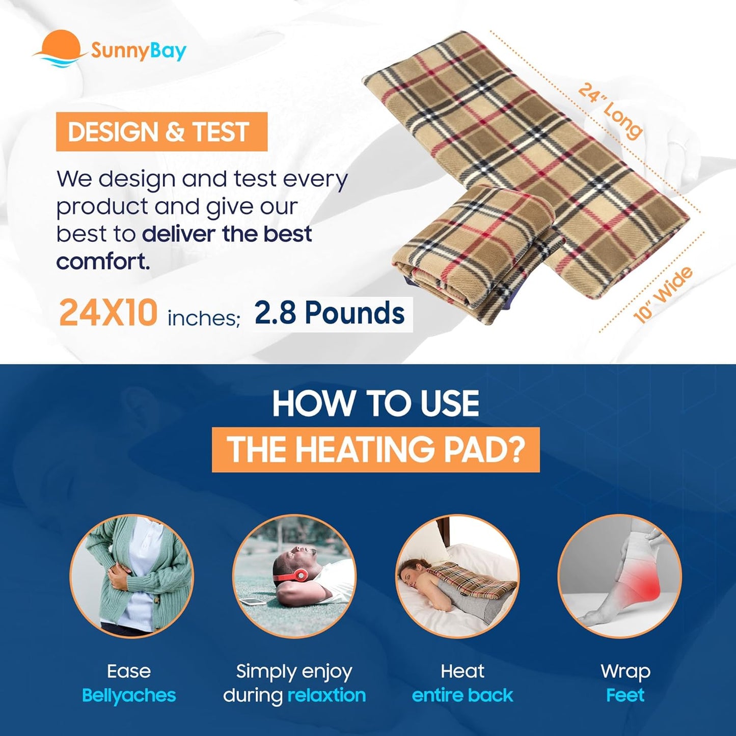 SunnyBay Extra Large Microwave Heating Pad, Microwavable Heavy Weighted Full Body Moist Hot Pack and Washable Fleece Cover, 10x24 Inches, 2.8 lbs (London)