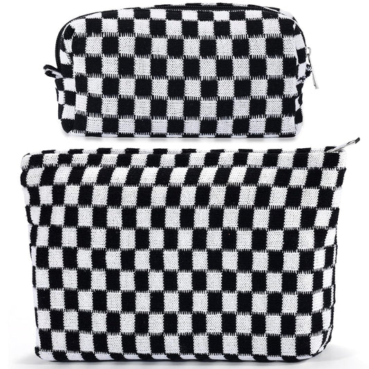 ZLFSRQ 2Pcs Checkered Makeup Bag for Women Large Small Checkered Cosmetic Bag Set Aesthetic Preppy Pencil Case Cute Pencil Pouch Black Makeup Pouch for Purse Travel Toiletry Bags Zipper Skincare Bags