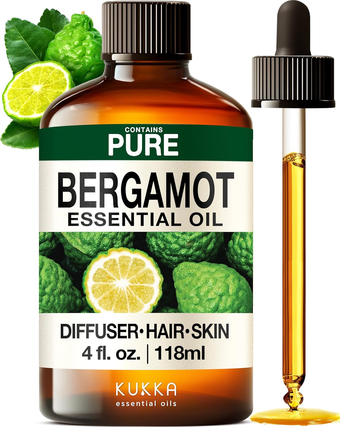 Kukka Bergamot Essential Oil for Diffuser and Skin - 4 Fl Oz - Bergamot Oil for Aromatherapy, Hair Shampoo, Bath Bomb, DIY Soap Making Scents