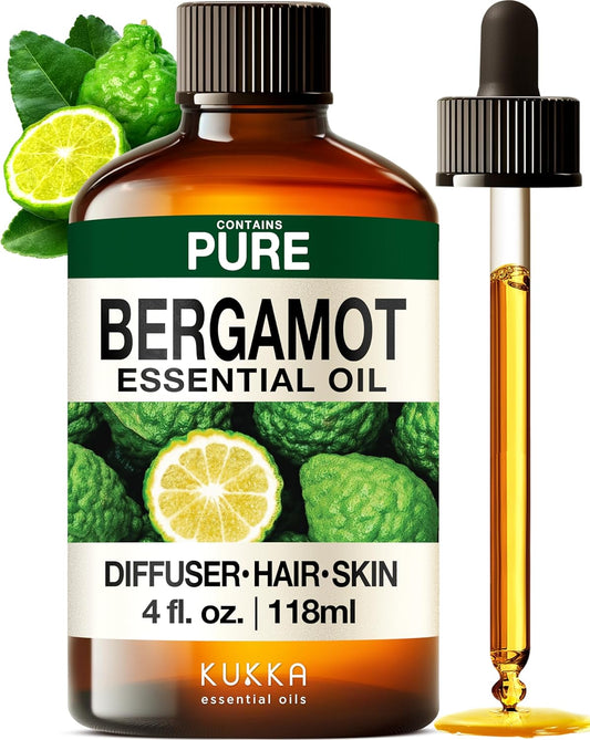 Kukka Bergamot Essential Oil for Diffuser and Skin - 4 Fl Oz - Bergamot Oil for Aromatherapy, Hair Shampoo, Bath Bomb, DIY Soap Making Scents