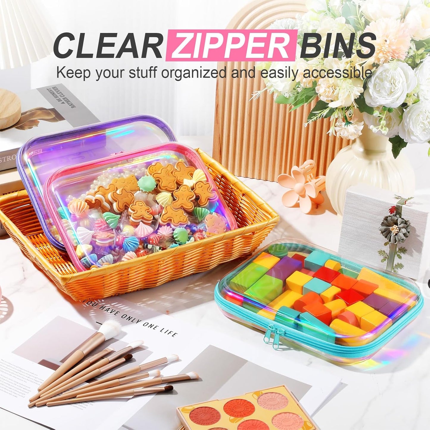 Hoolerry 3 Pcs Clear Hard Zipper Case Plastic Pouch Transparent Hard Case Clear Makeup Bag Portable Travel Organizer Bin for Cosmetics, Building Blocks, Puzzles(Laser,M)