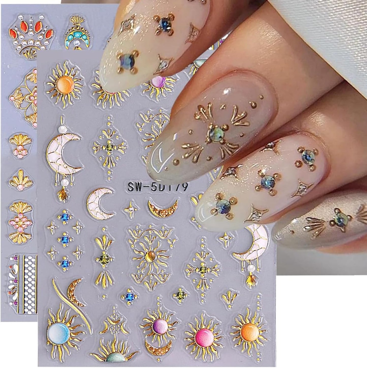 Bohemian Nail Stickers Gold Star Sun Moon Nail Designs Starfish Nail Decals 5D Embossed Gem Lace Lines3D Self-Adhesive Summer Nail Art Decoration for Women DIY Manicure 2 Sheets
